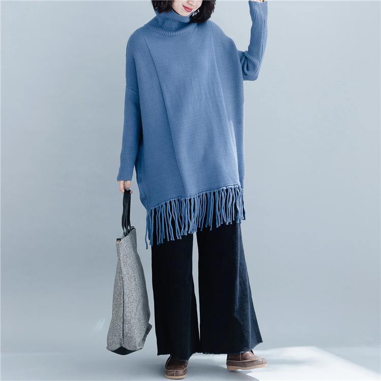 Fashion blue knit tops plus size clothing high neck knit sweat tops tassel - Omychic