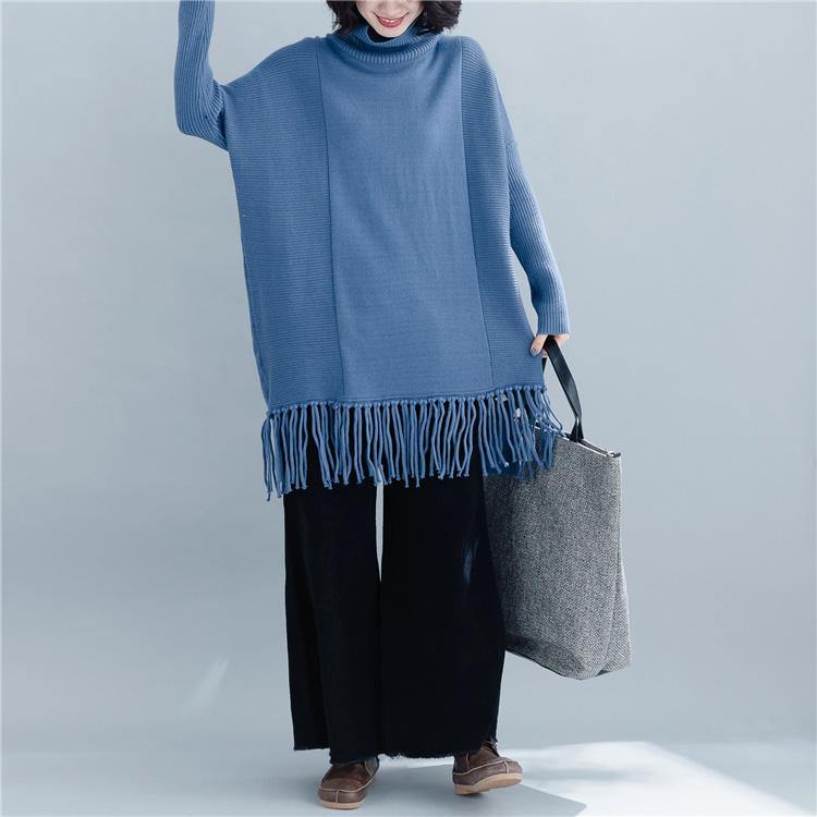 Fashion blue knit tops plus size clothing high neck knit sweat tops tassel - Omychic