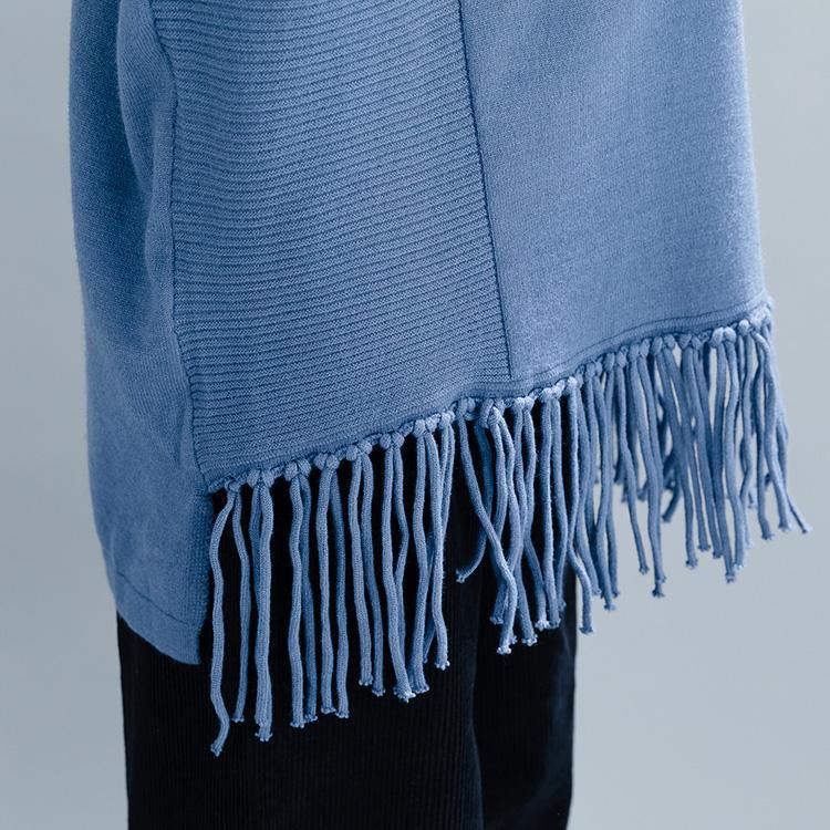 Fashion blue knit tops plus size clothing high neck knit sweat tops tassel - Omychic