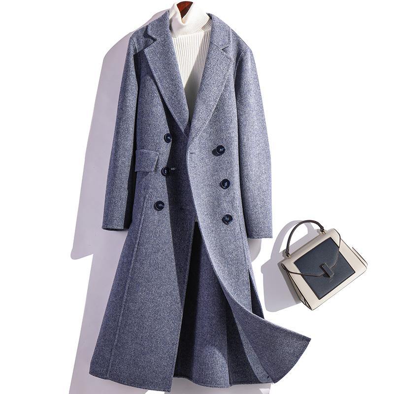 Fashion blue wool coat for woman Loose fitting medium length jackets fall jacket double breast - Omychic