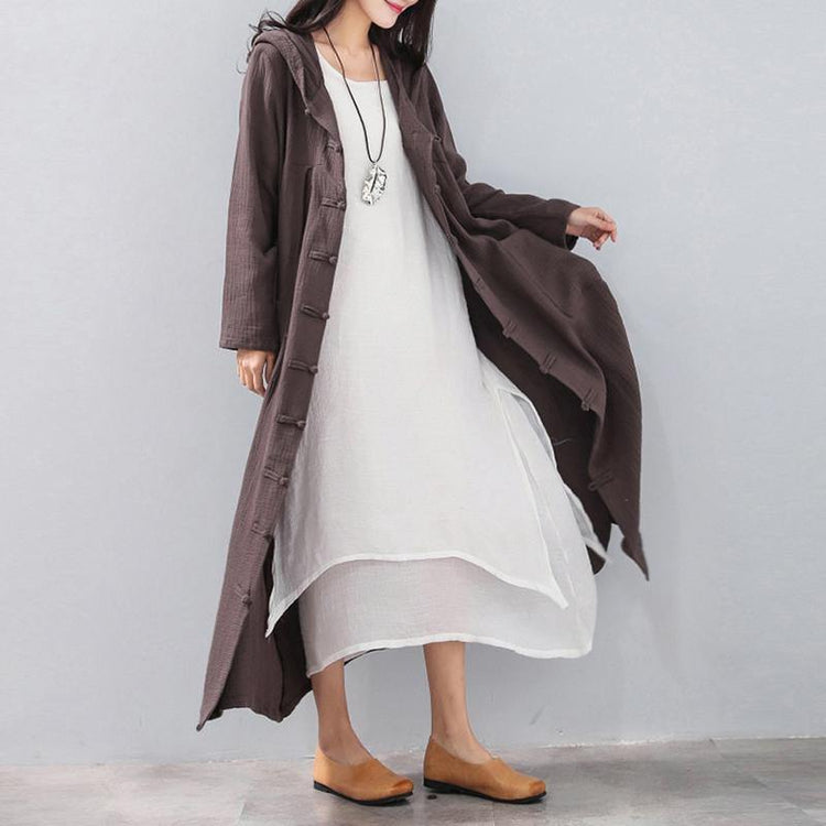 Fashion chocolate long coat Loose fitting hooded cardigans 2018 Chinese Button trench coat - Omychic