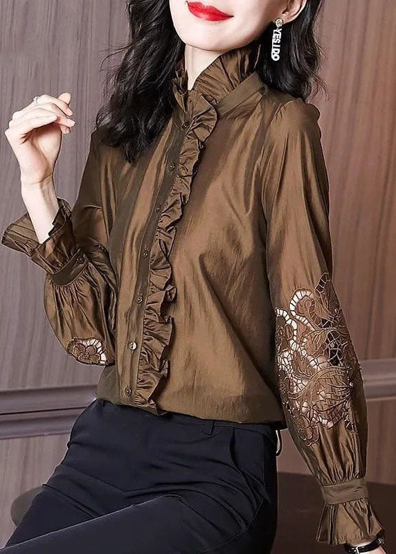 Fashion dark Brown Stand Collar Ruffled Lace Patchwork shirts Spring