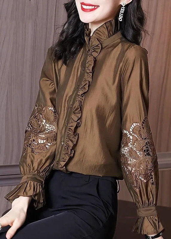 Fashion dark Brown Stand Collar Ruffled Lace Patchwork shirts Spring