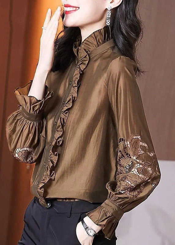 Fashion dark Brown Stand Collar Ruffled Lace Patchwork shirts Spring