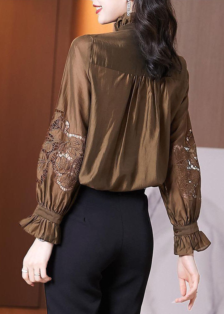 Fashion dark Brown Stand Collar Ruffled Lace Patchwork shirts Spring
