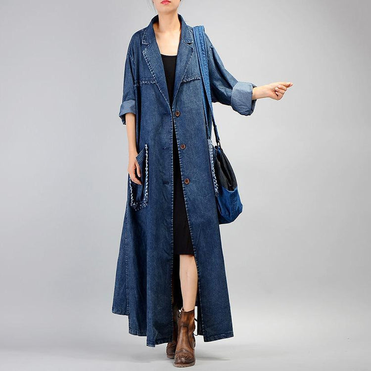 Fashion denim blue coat for woman plus size long coat Notched patchwork pockets coats - Omychic