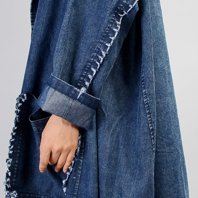 Fashion denim blue coat for woman plus size long coat Notched patchwork pockets coats - Omychic