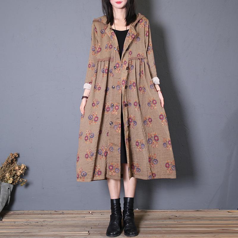Fashion khaki print Coats Women oversized fall hooded wrinkled outwear - Omychic