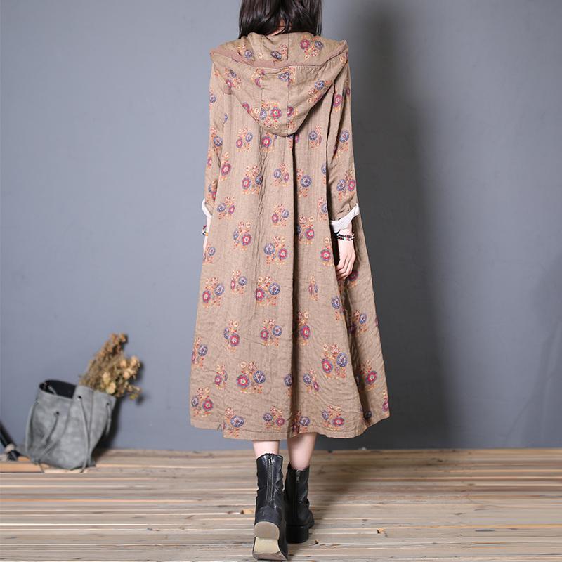 Fashion khaki print Coats Women oversized fall hooded wrinkled outwear - Omychic