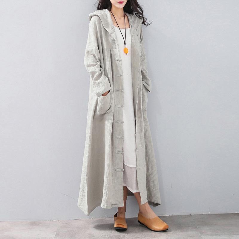 Fashion light gray maxi coat plus size clothing hooded cardigans Fine Button coats - Omychic