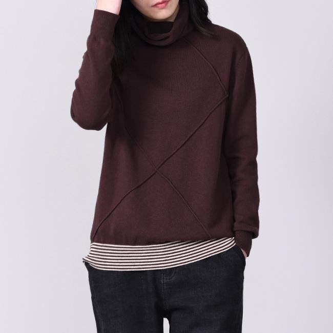 Fashion long sleeve sweater tops fall fashion high neck sweaters dark khaki - Omychic