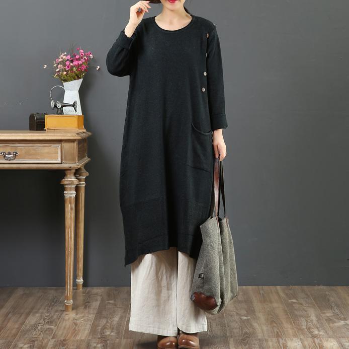 Fashion loose Sweater o neck weather plus size black Largo knit dresses - Omychic