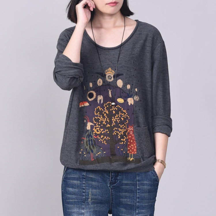 Fashion o neck prints crane tops fall fashion gray knitwear fall - Omychic