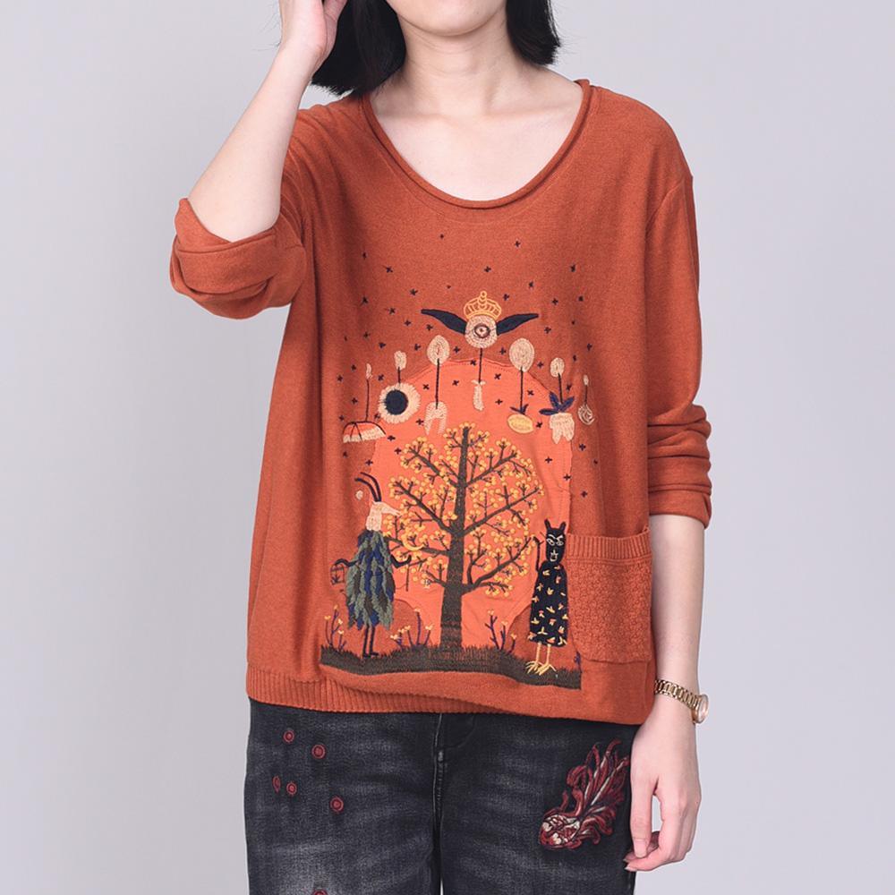 Fashion o neck prints crane tops fall fashion gray knitwear fall - Omychic