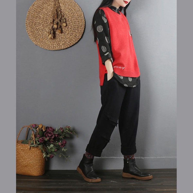 Fashion o neck red knit sweat tops fall fashion sleeveless knit tops - Omychic