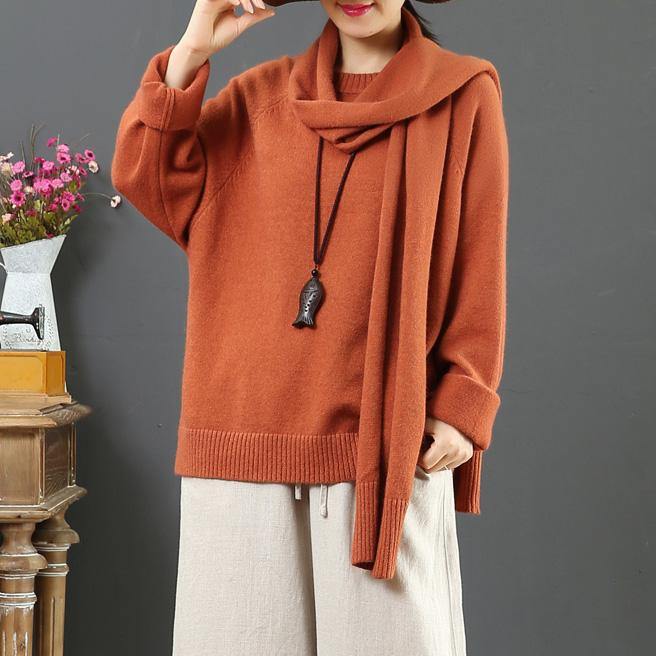 Fashion orange Sweater Blouse With scarf plus size o neck knitwear - Omychic