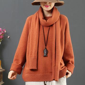 Fashion orange Sweater Blouse With scarf plus size o neck knitwear - Omychic