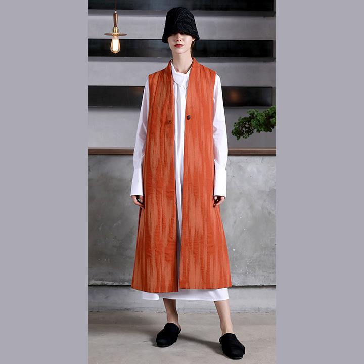 Fashion orange wool coat for woman Loose fitting Coats V neck embroider Sleeveless long coat - Omychic