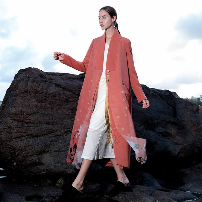 Fashion pink red wool coat plus size Coats V neck side open women coats embroider long coats - Omychic