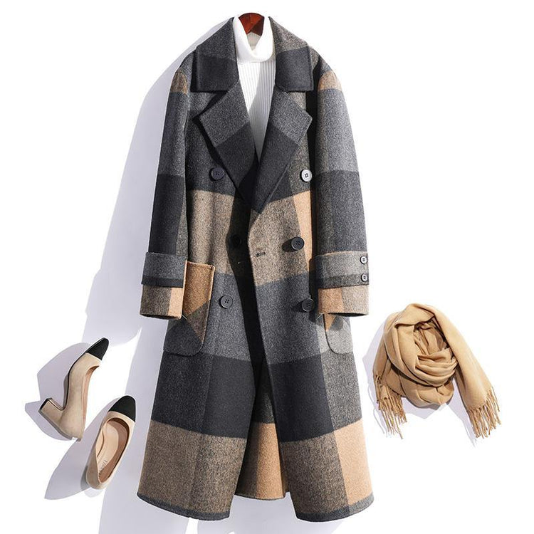 Fashion plaid wool overcoat oversized medium length jackets fall women coats double breast - Omychic