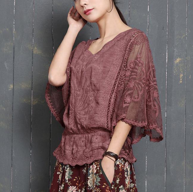 Fashion red o neck cotton hollow women batwing sleeve summer tops - Omychic