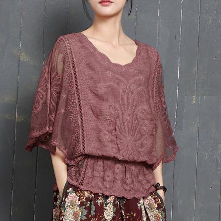 Fashion red o neck cotton hollow women batwing sleeve summer tops - Omychic
