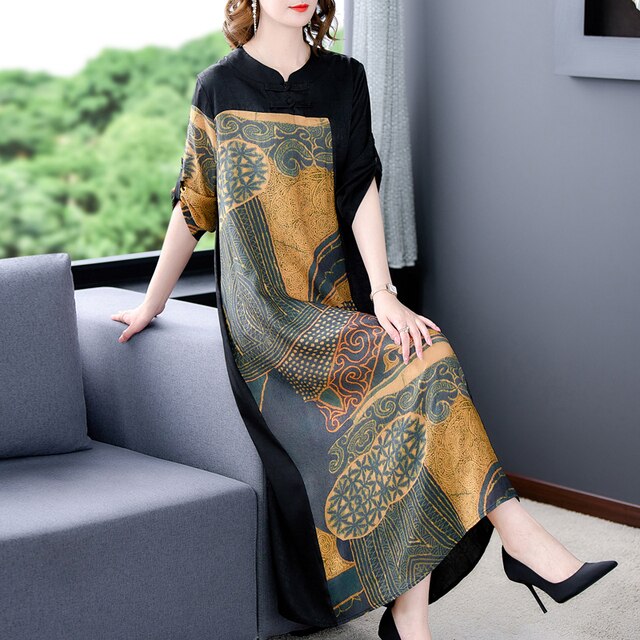 Loose Black Patchwork Print Natural Silk Midi Dress