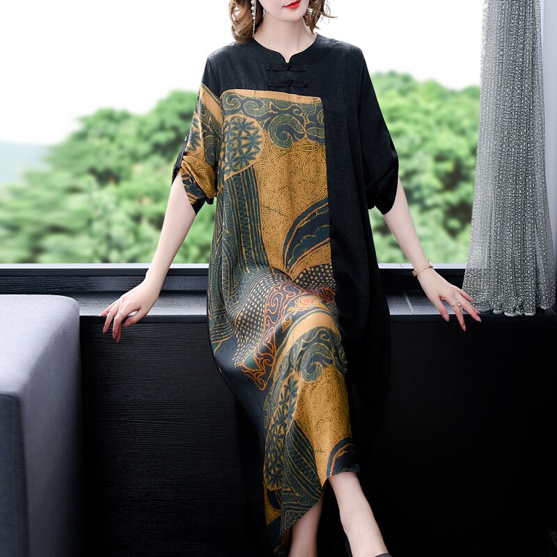 Loose Black Patchwork Print Natural Silk Midi Dress