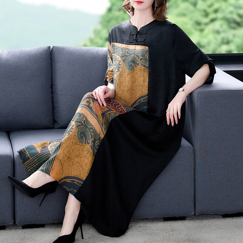 Loose Black Patchwork Print Natural Silk Midi Dress