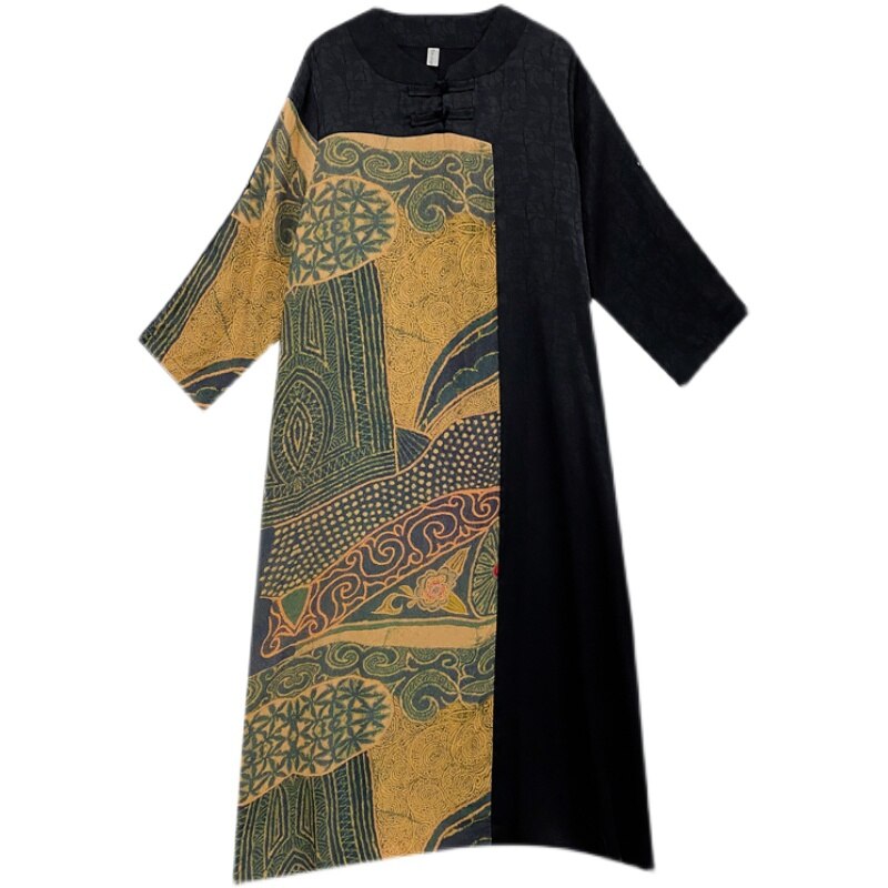 Loose Black Patchwork Print Natural Silk Midi Dress