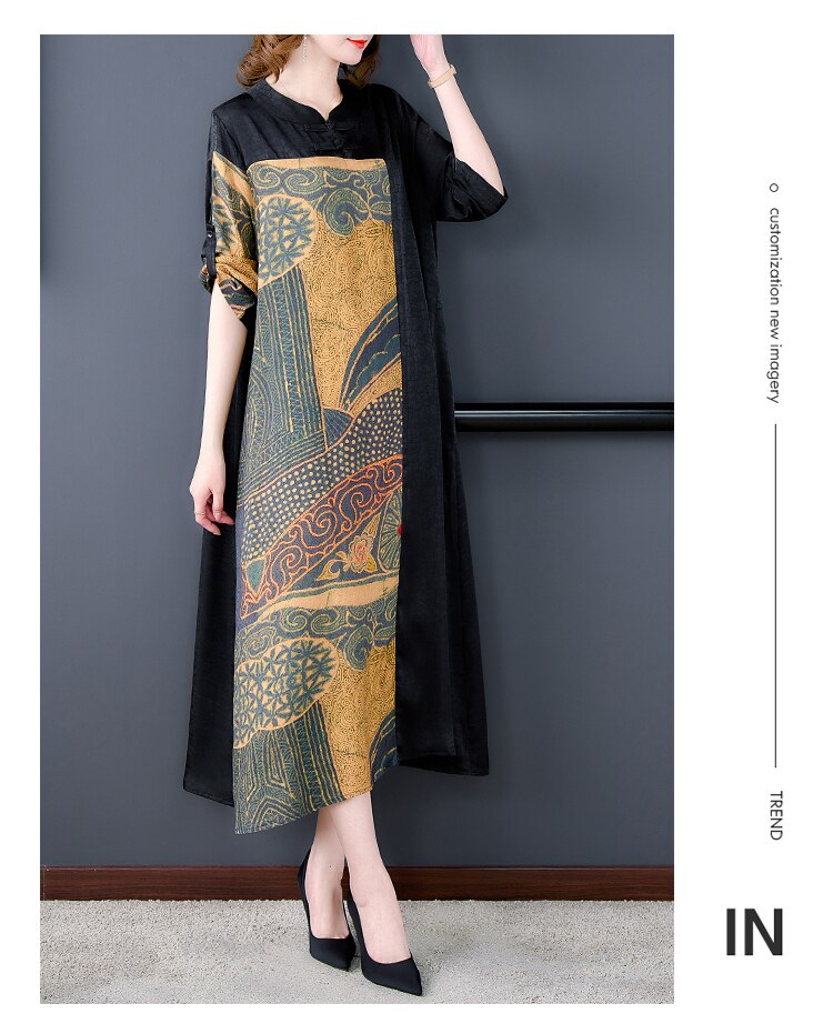 Loose Black Patchwork Print Natural Silk Midi Dress