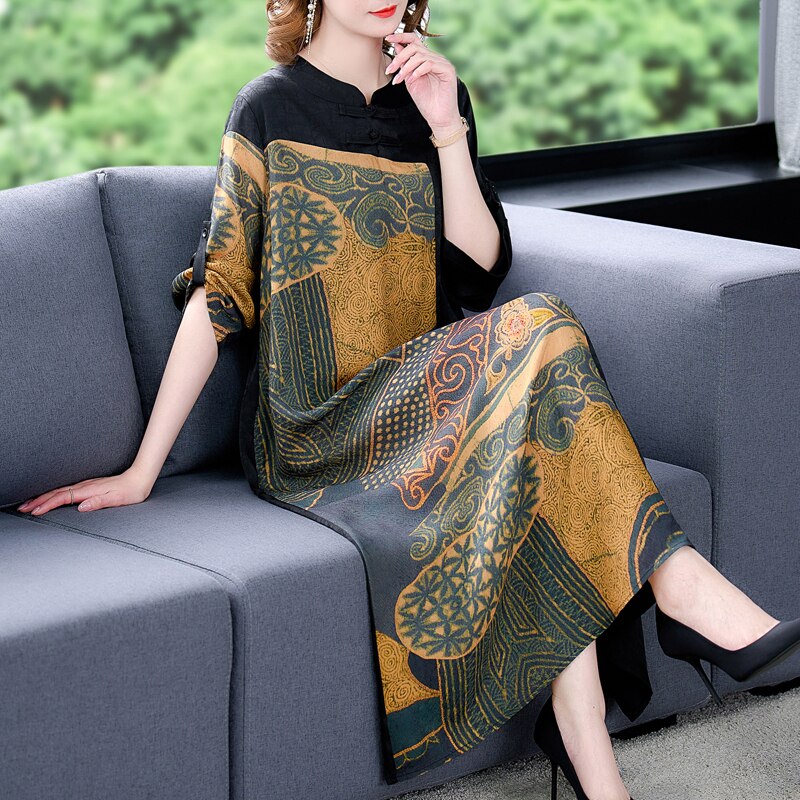 Loose Black Patchwork Print Natural Silk Midi Dress