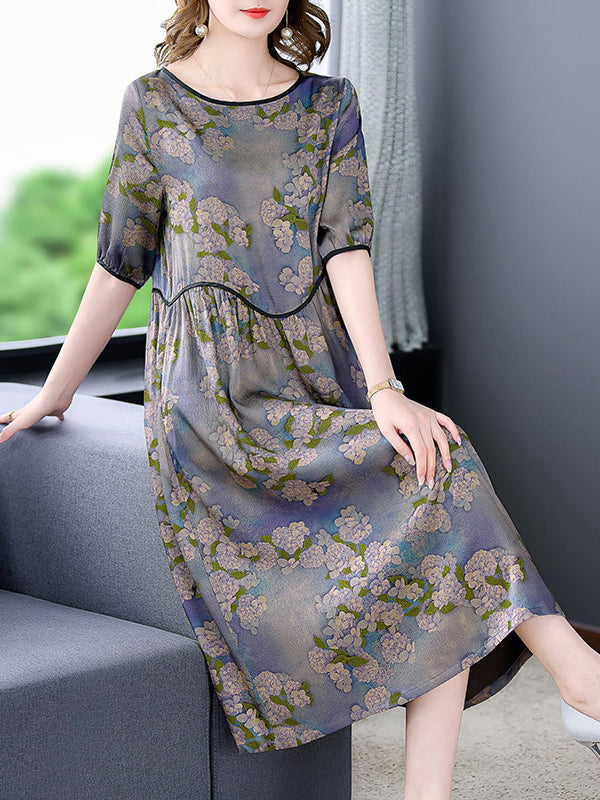 Plus Size Floral Mulberry Silk Midi Dress