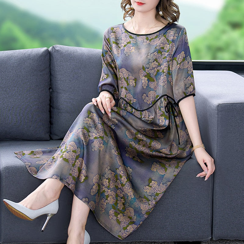 Plus Size Floral Mulberry Silk Midi Dress