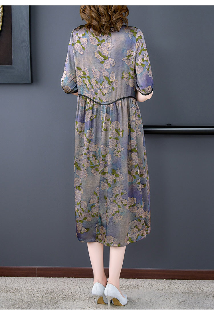 Plus Size Floral Mulberry Silk Midi Dress