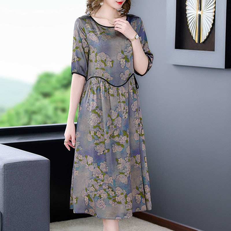 Plus Size Floral Mulberry Silk Midi Dress