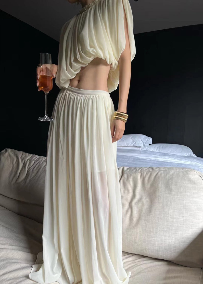 Fine Apricot Asymmetrical Chiffon Top And Maxi Skirts Two Piece Set Sleeveless