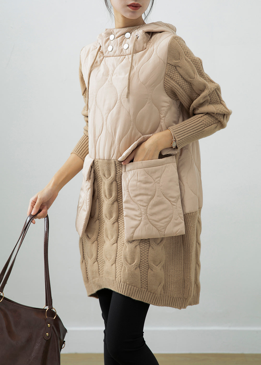 Fine Beige Oversized Patchwork Thick Warm Fleece Sweatshirt Dress Winter