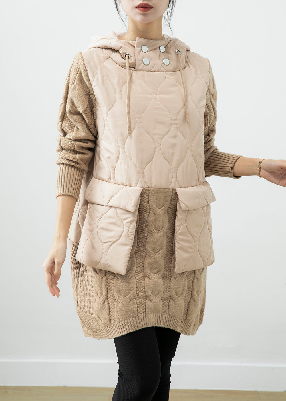 Fine Beige Oversized Patchwork Thick Warm Fleece Sweatshirt Dress Winter