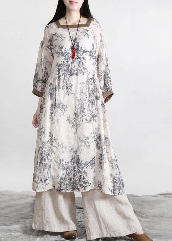 Fine Beige Print Linen Square Collar Summer Mid Dress - Omychic