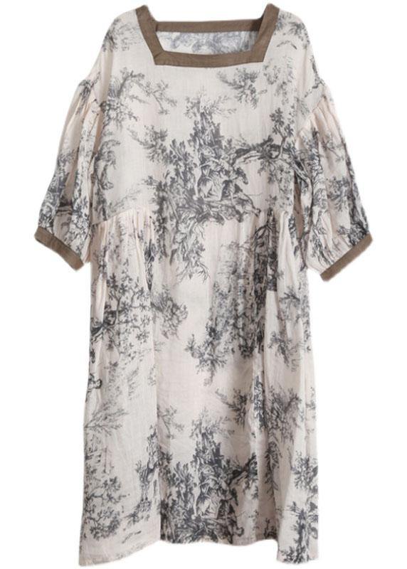 Fine Beige Print Linen Square Collar Summer Mid Dress - Omychic