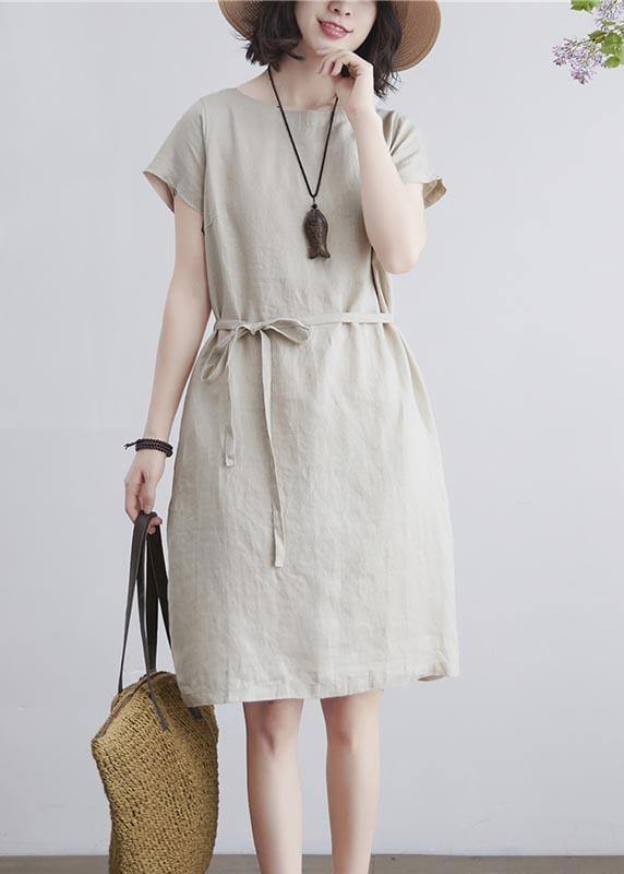 Fine Beige tie waist  Cotton Linen Summer Maxi Dress - Omychic