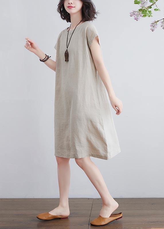 Fine Beige tie waist  Cotton Linen Summer Maxi Dress - Omychic