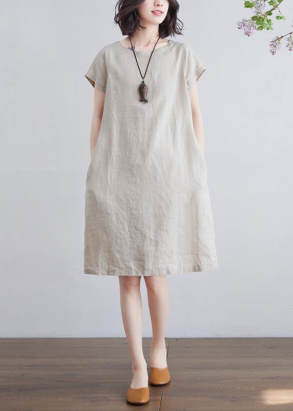 Fine Beige tie waist  Cotton Linen Summer Maxi Dress - Omychic