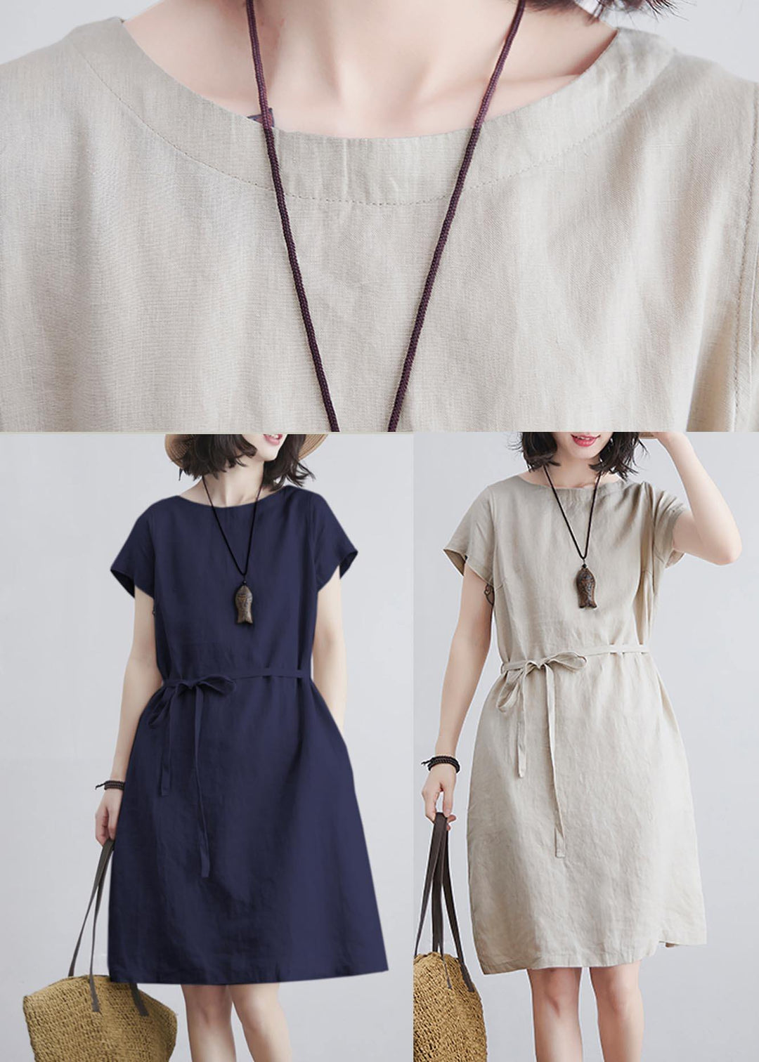 Fine Beige tie waist  Cotton Linen Summer Maxi Dress - Omychic