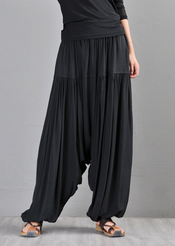 Fine Black Elastic Waist Patchwork Cotton Beam Pants Summer