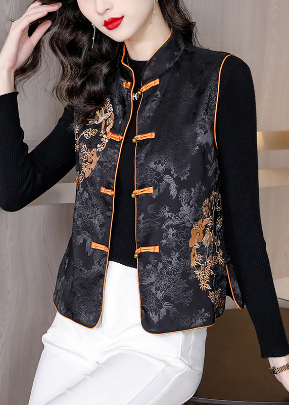 Fine Black Embroideried Chinese Button Silk Oriental Vests Spring