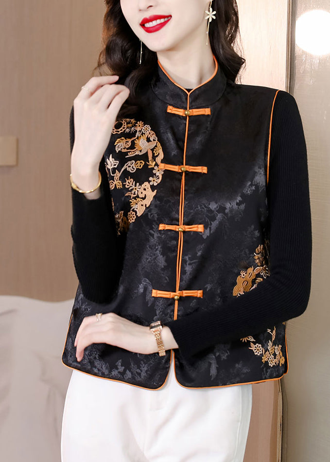 Fine Black Embroideried Chinese Button Silk Oriental Vests Spring