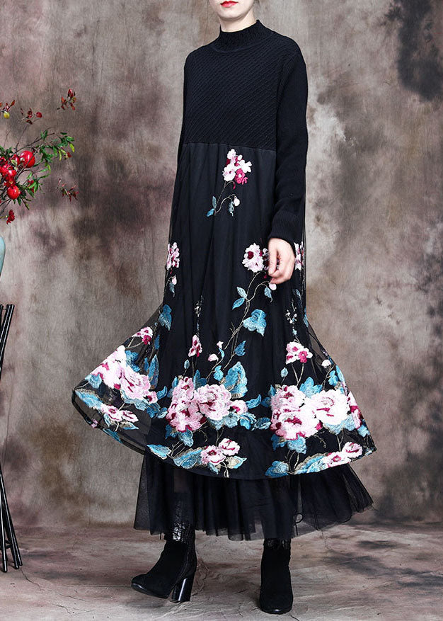 Fine Black Lace Patchwork Knit Robe Dresses Spring