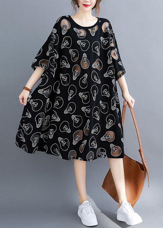 Fine Black O-Neck Loose Summer Jacquard Dresses Half Sleeve - Omychic